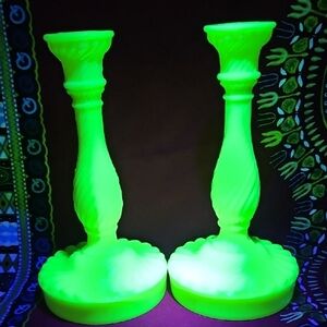 Uranium Portieux Vallerysthal Custard Glass Candlestick Holders, Rare & Unique